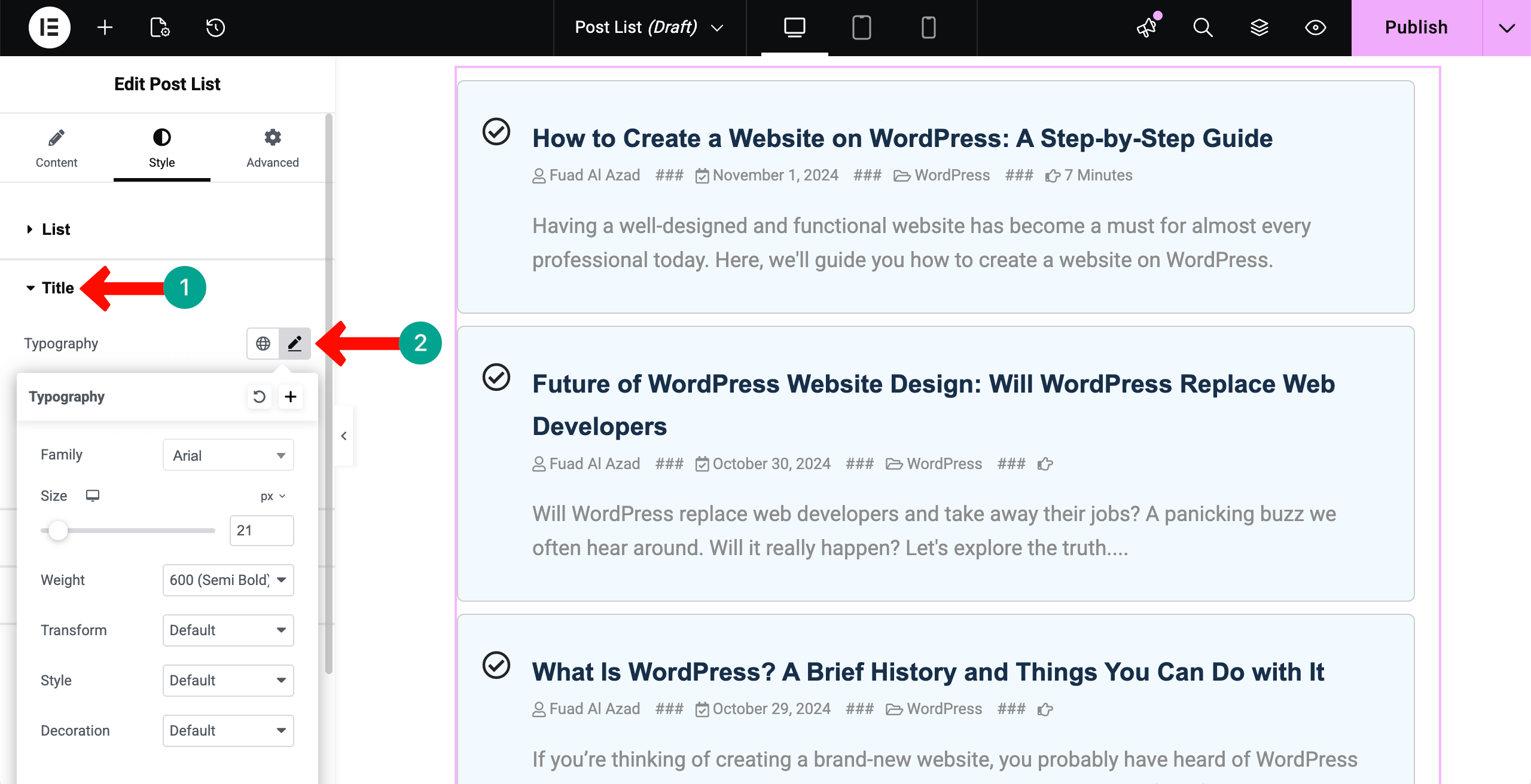 Customize typogrpahy fo the content of the Post List widget