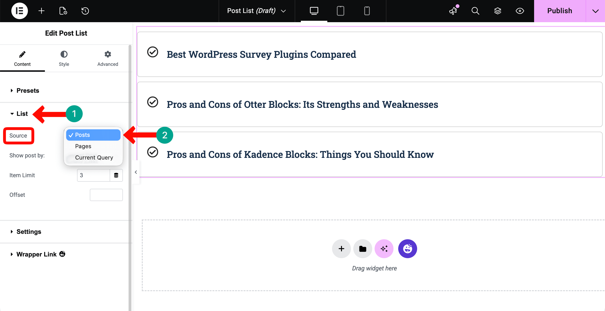 List section of the Post List section