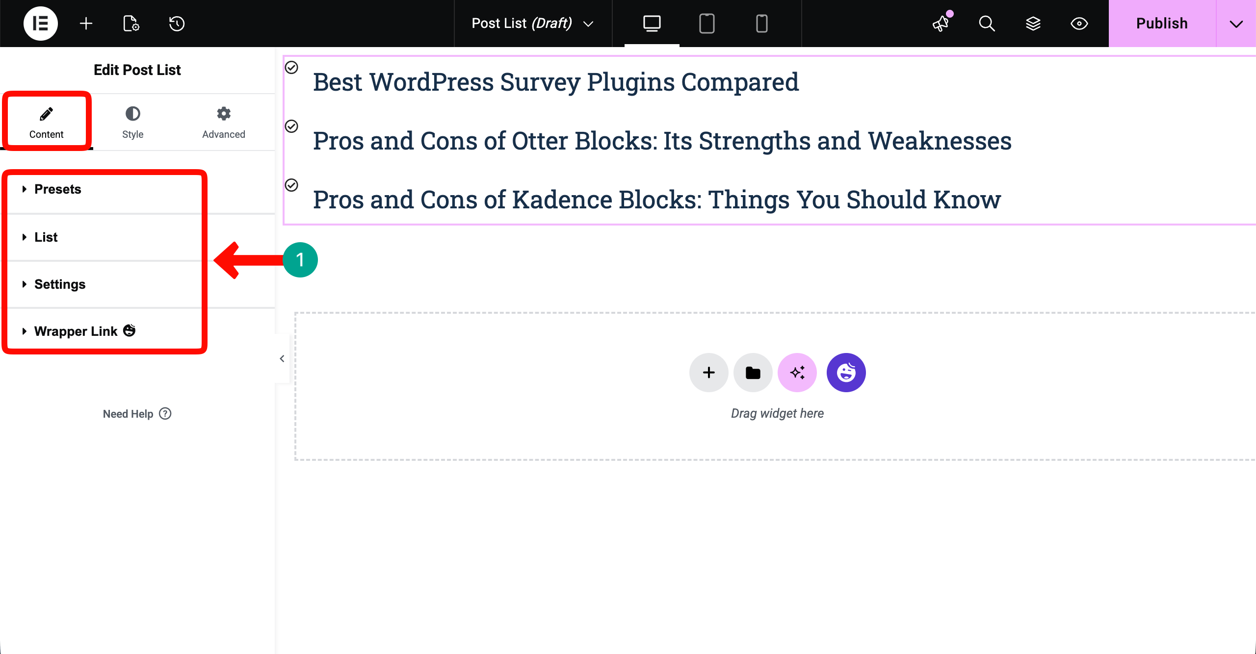 Post List options under the content tab