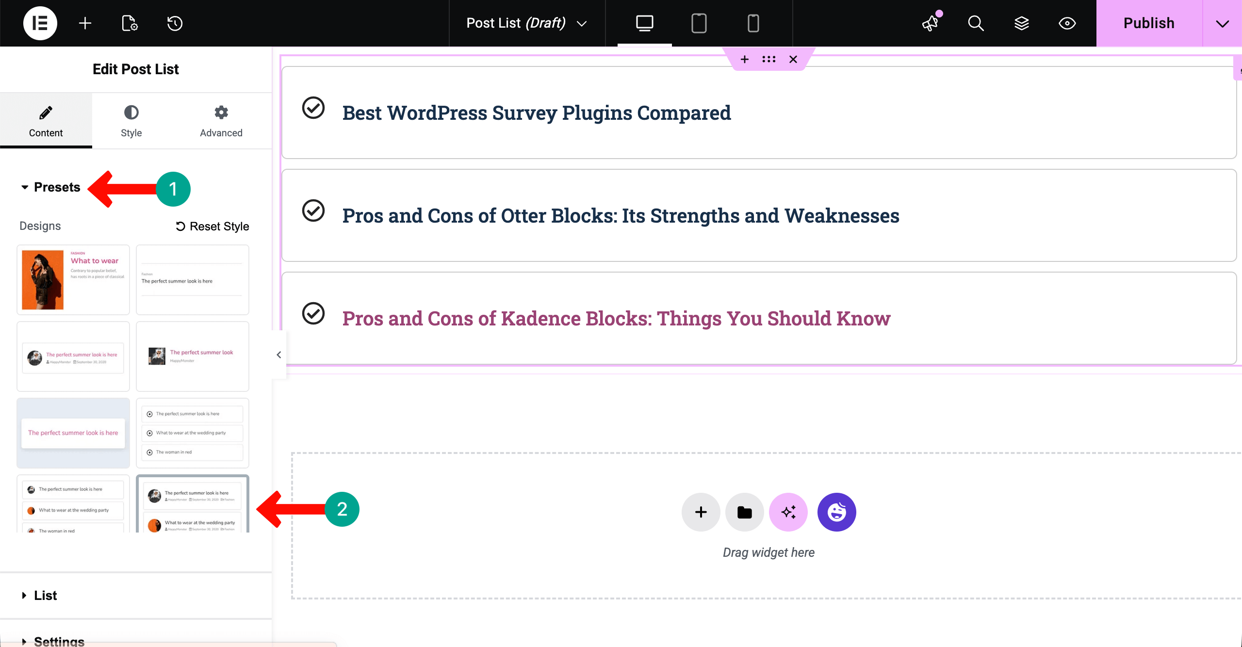 Presets of the Post List Widget