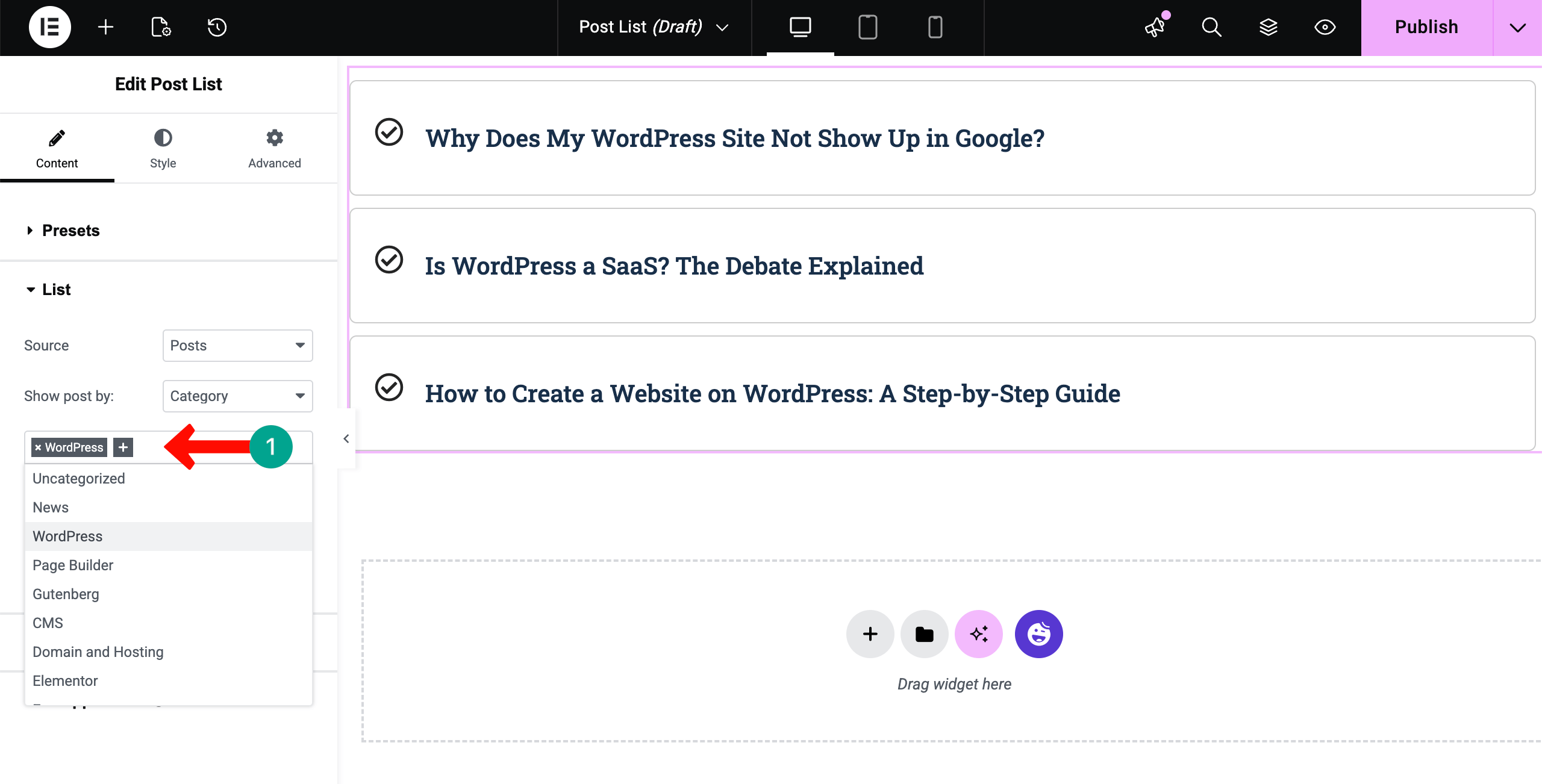 Set categories for the post list