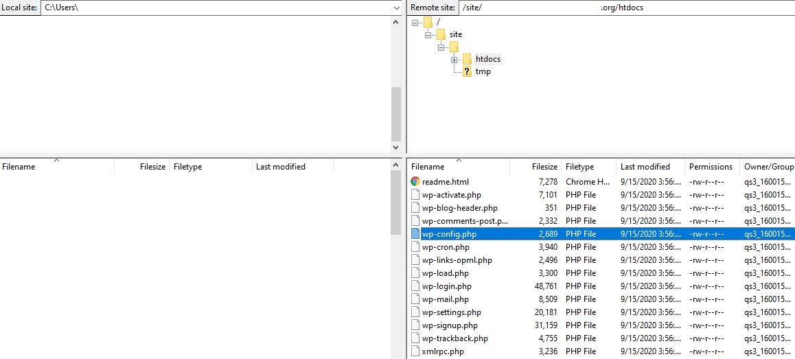 Use FileZilla to get wp-config file