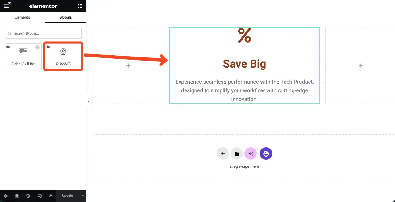 Add a global widget to the Elementor canvas