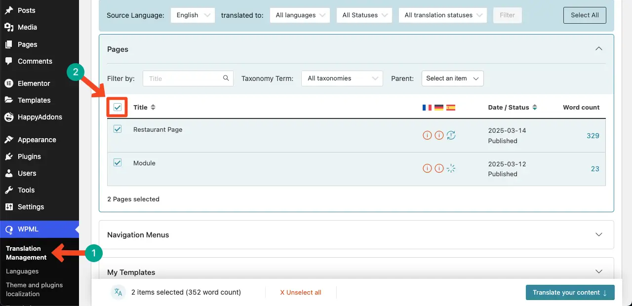 Select all pages to be translated in multiple languages