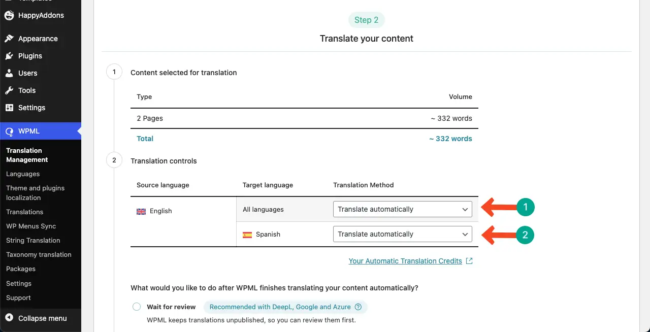 Set up translation controls