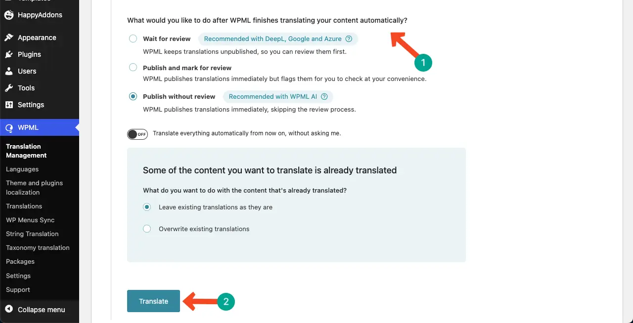 Specify automatic translation