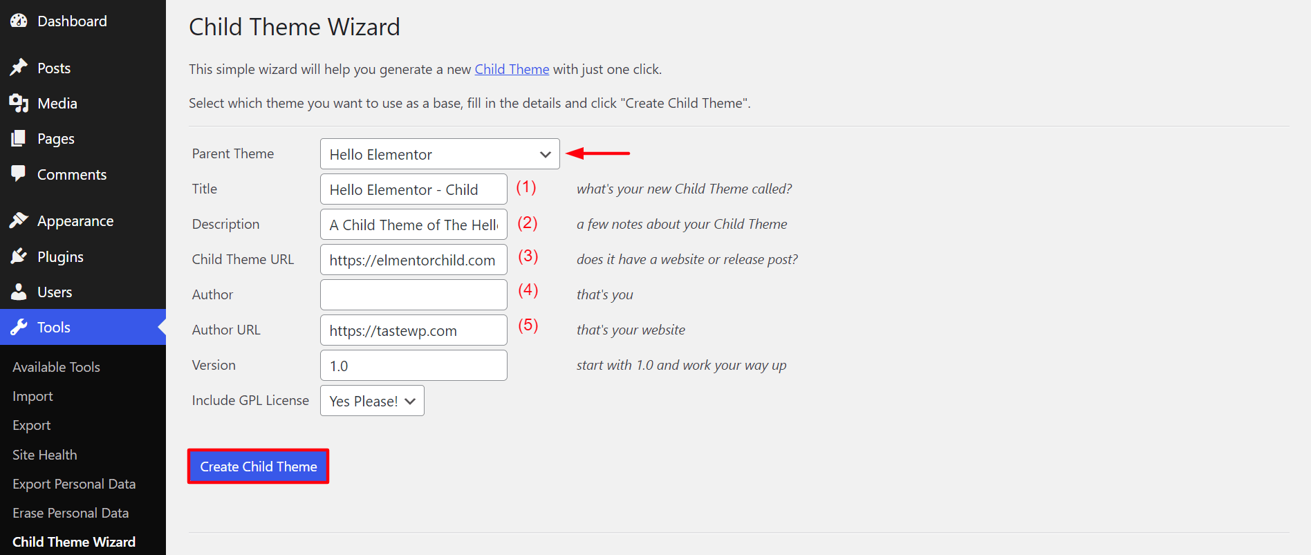Customize child theme by the Child Theme Wizard