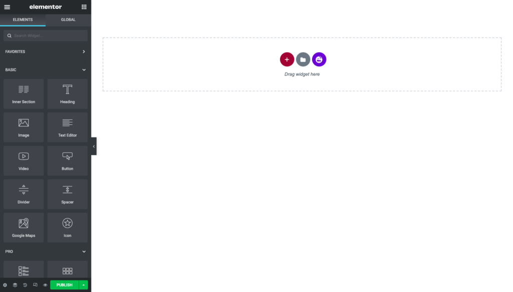 Elementor Template editing panel