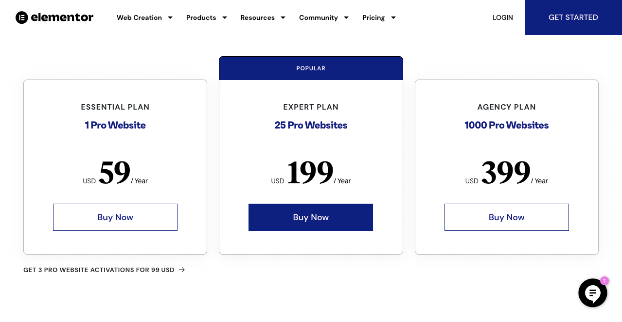 Pricing plans of the Elementor Page Builder Plugin