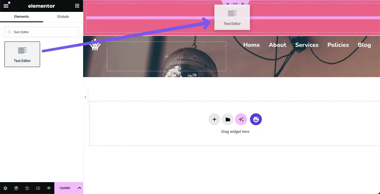 Add the text editor widget to the top bar