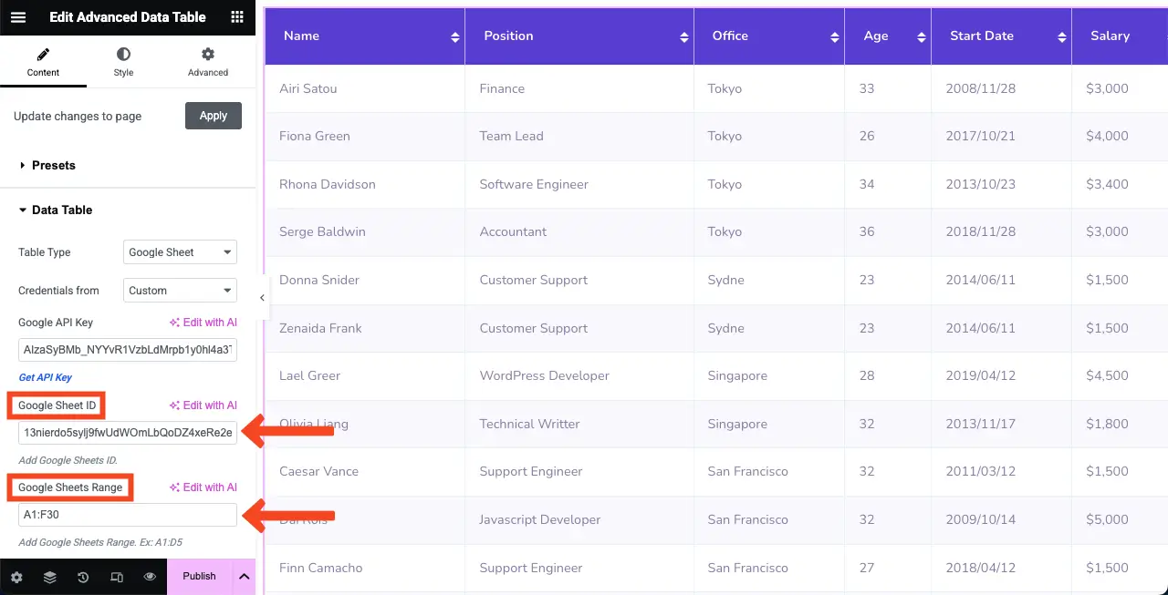 Add Google Sheet ID and Google Sheet Range