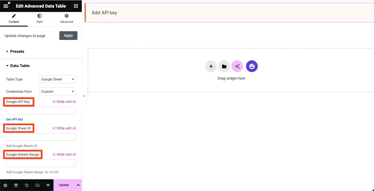Add Google Sheet information