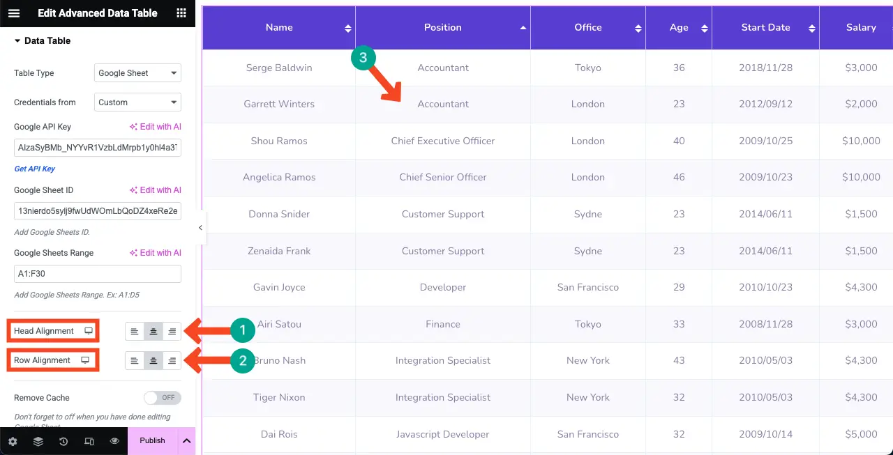 Change the Alignment of the Table Content