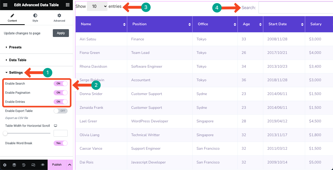 Configure table the settings