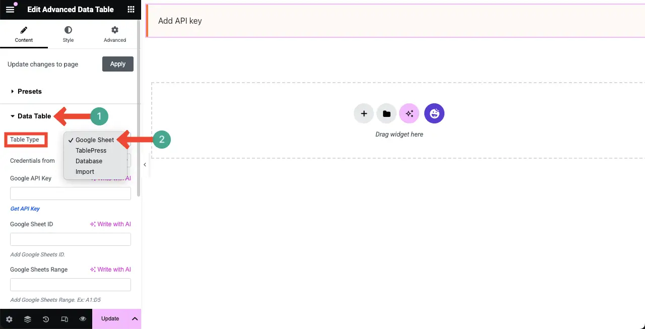 Select Google Sheet for the widget