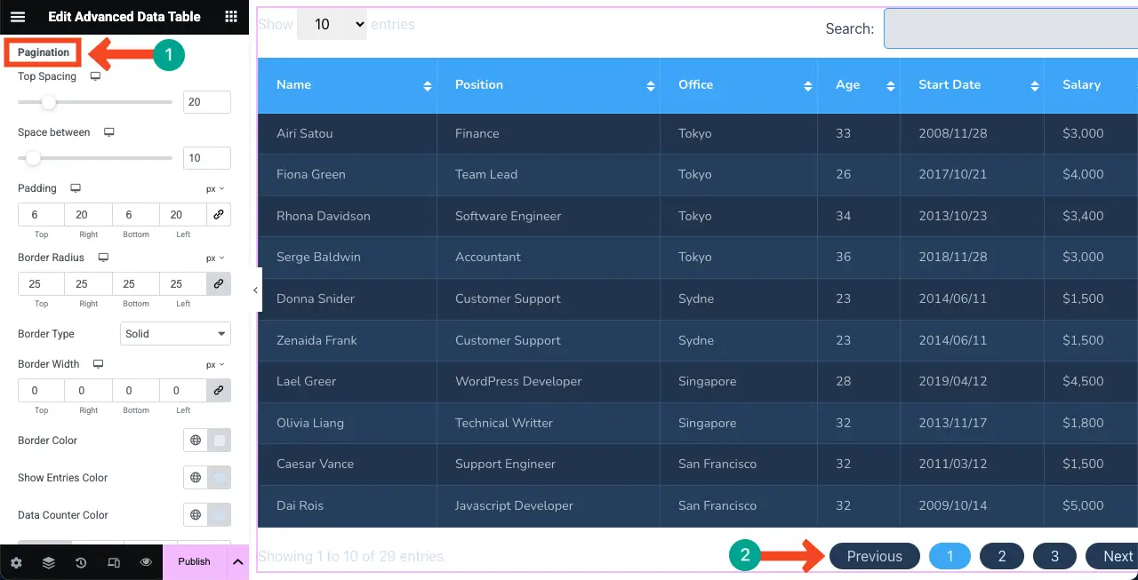 Stylize the table pagination