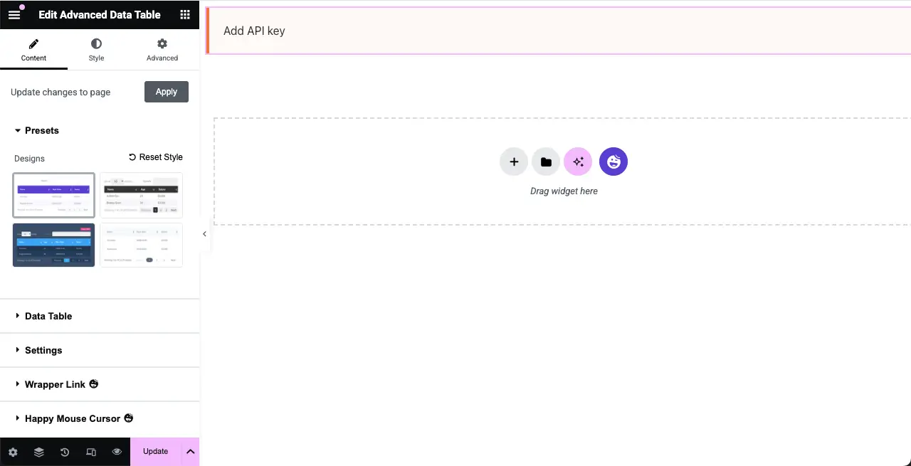 The Advanced Data Table widget is added to the editor