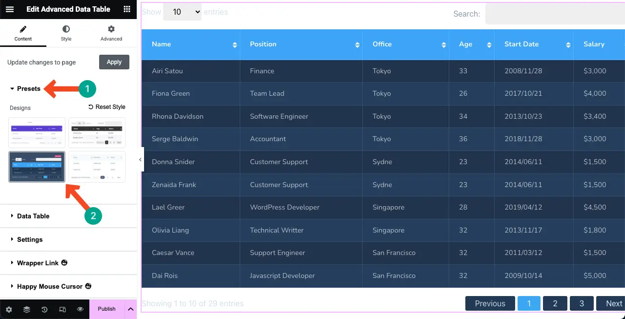 Use a preset for the Advanced Data Table widget