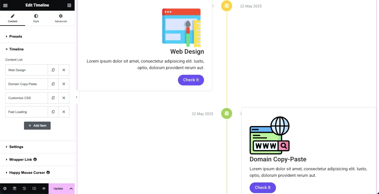 Complete adding content to the verticle timeline