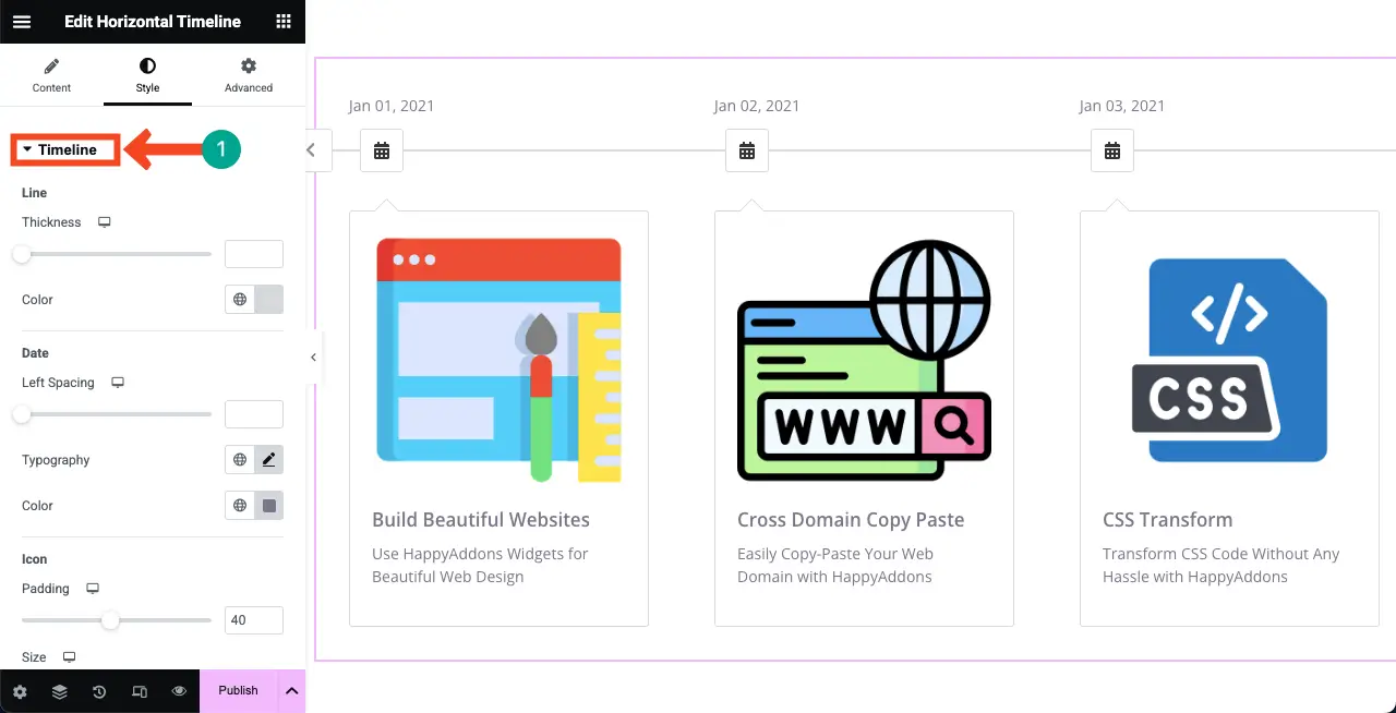 Expand the Timeline section from the Style Tab