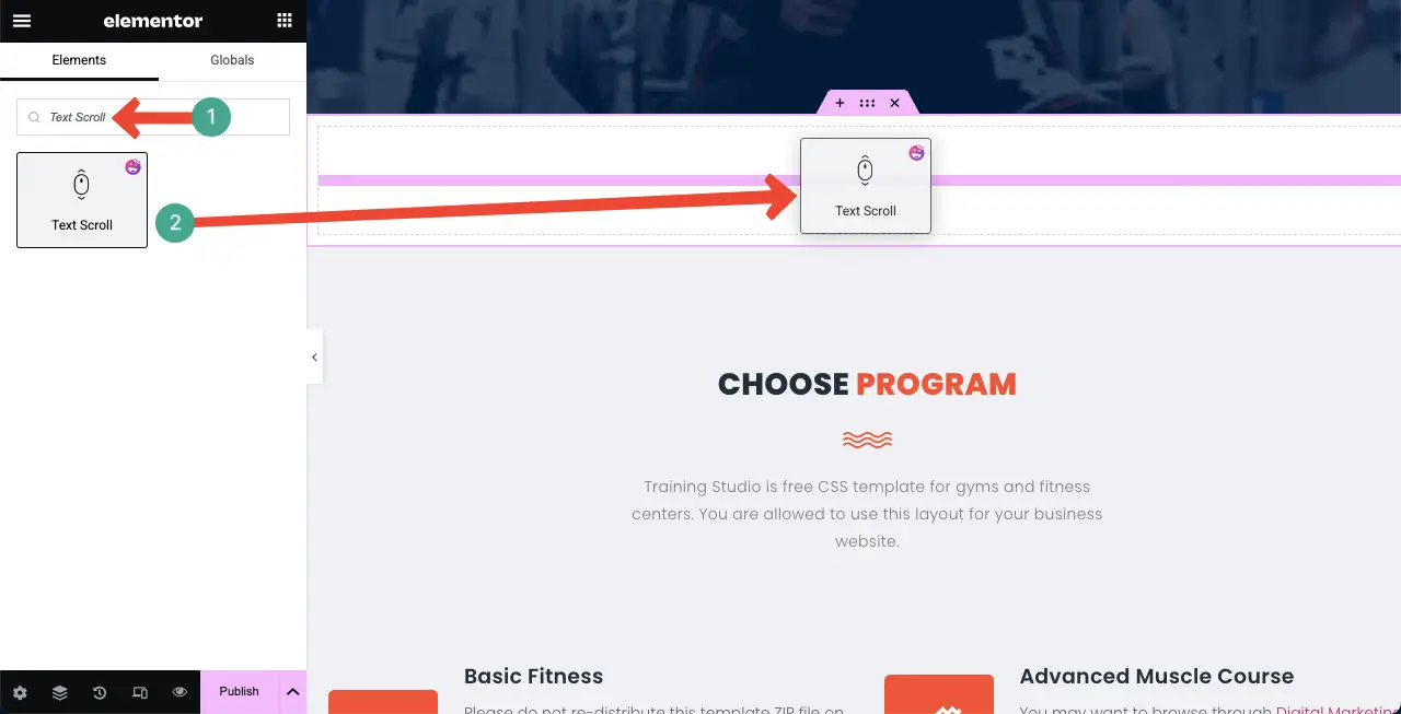 Drag and drop the Text Scroll widget on the canvas