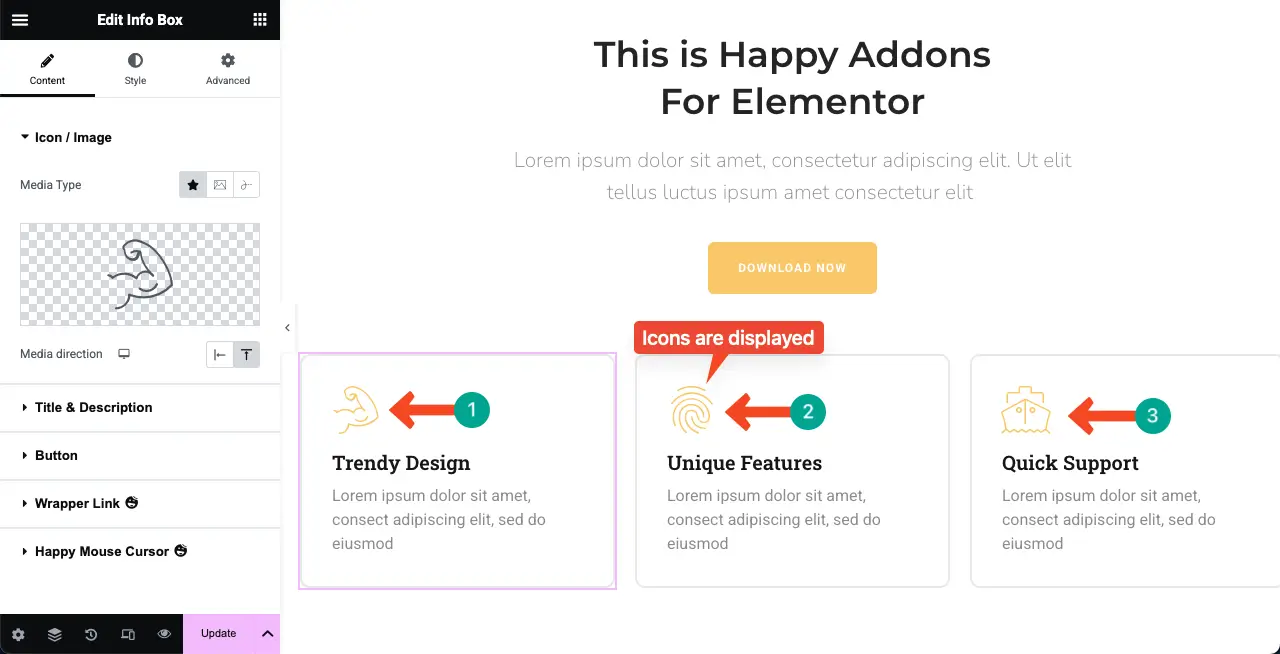 Icons are displayed on the Elementor Canvas