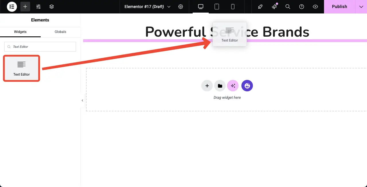 Add the Text Editor widget to write a description for the section