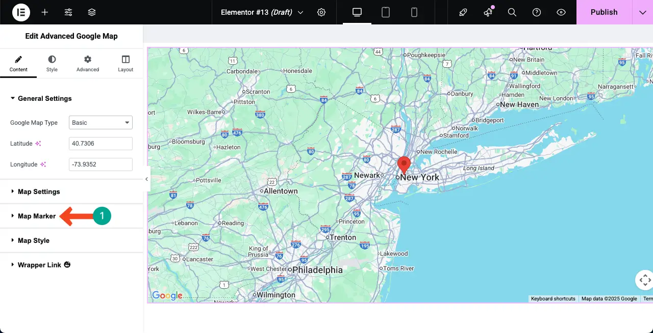 Expand the Map Marker section on the panel