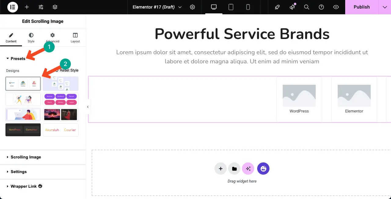 Select a Preset for the Scrolling Image Widget