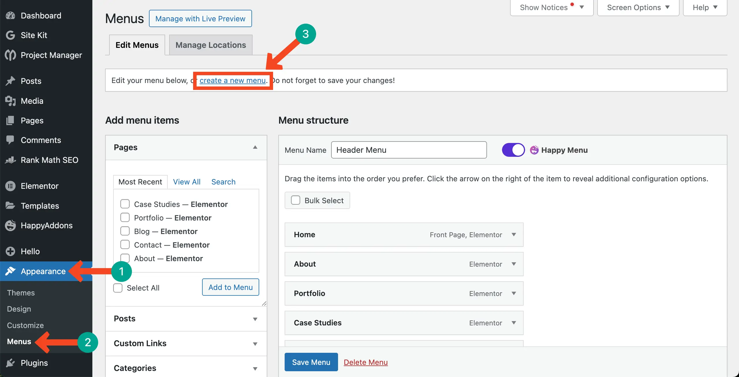 Go to the WordPress Menu option