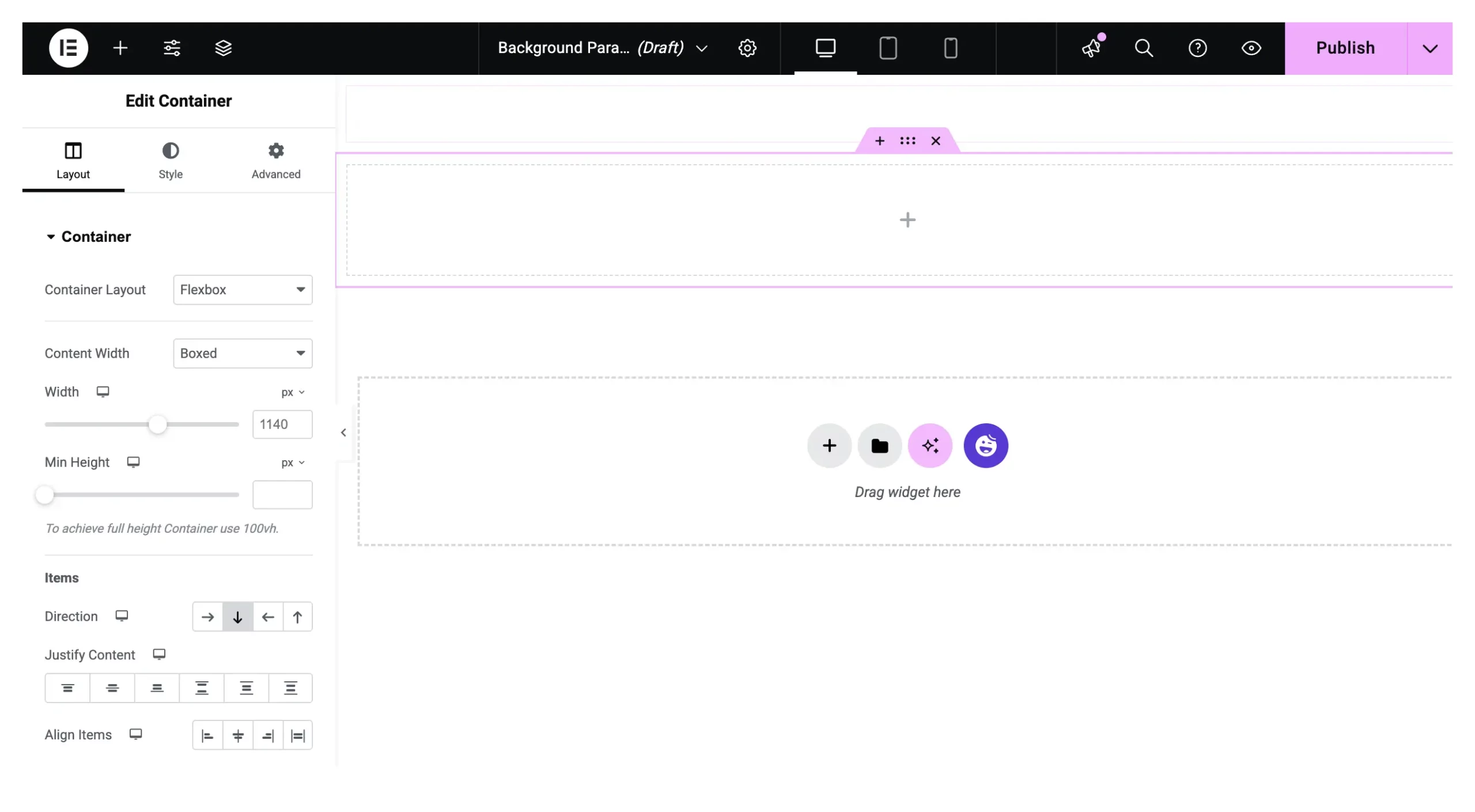 Open a page and add a container