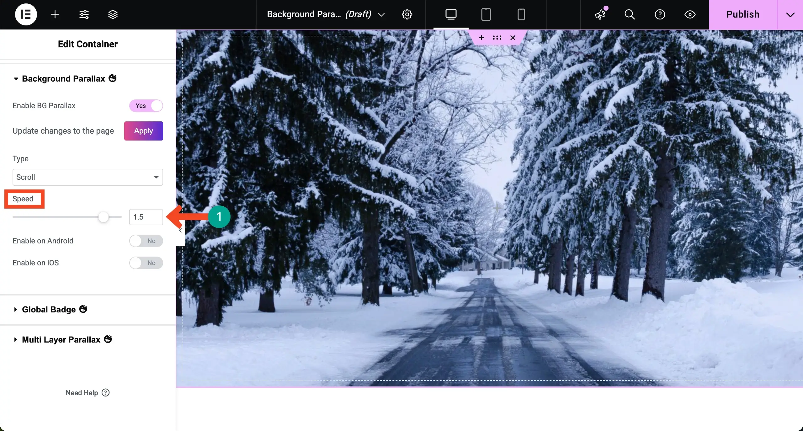 Set a speed value for the background parallax effect