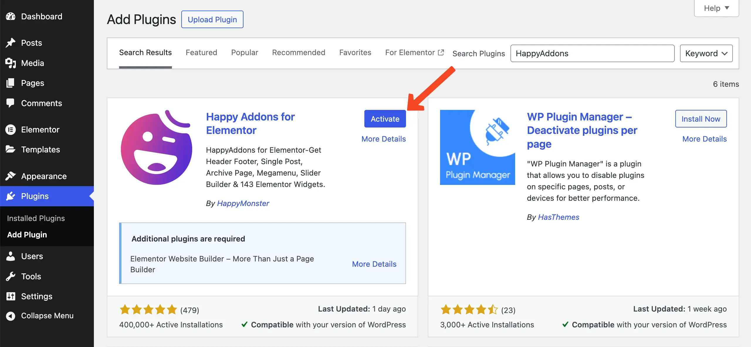 HappyAddons activation