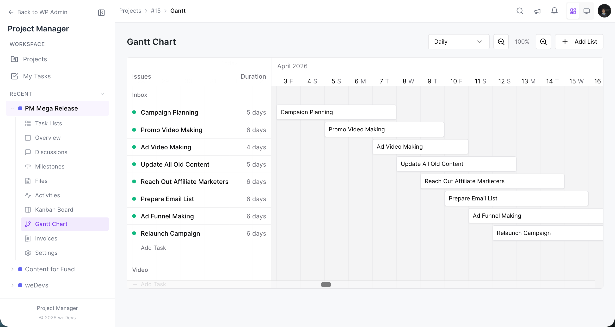 WP project manager Gantt Chart
